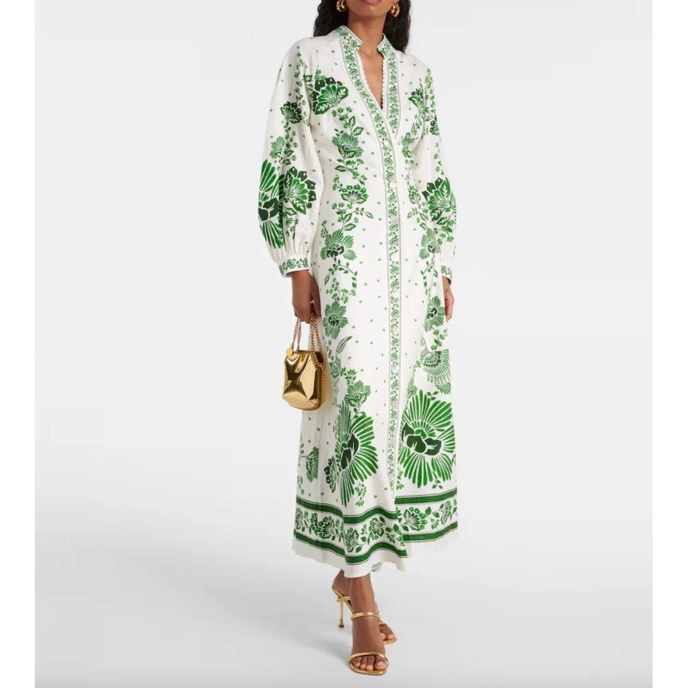 FARM Rio Forest Soul Linen Blend Maxi Dress XS Green White Floral Balloon Sleeve